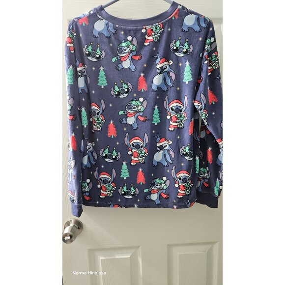 Disney Stitch Christmas Women's Pajama Top S/CH 4-6 Blue Festive Holiday Design - Picture 3 of 8